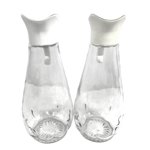 Log Cabin Vintage Glass Syrup Pitchers Flip Top Plastic Lids-Set of 2! - Picture 4 of 9